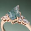 Kite Cut Moss Agate Engagement Ring Set with Leaf Accents Classic Bridal Set (4)