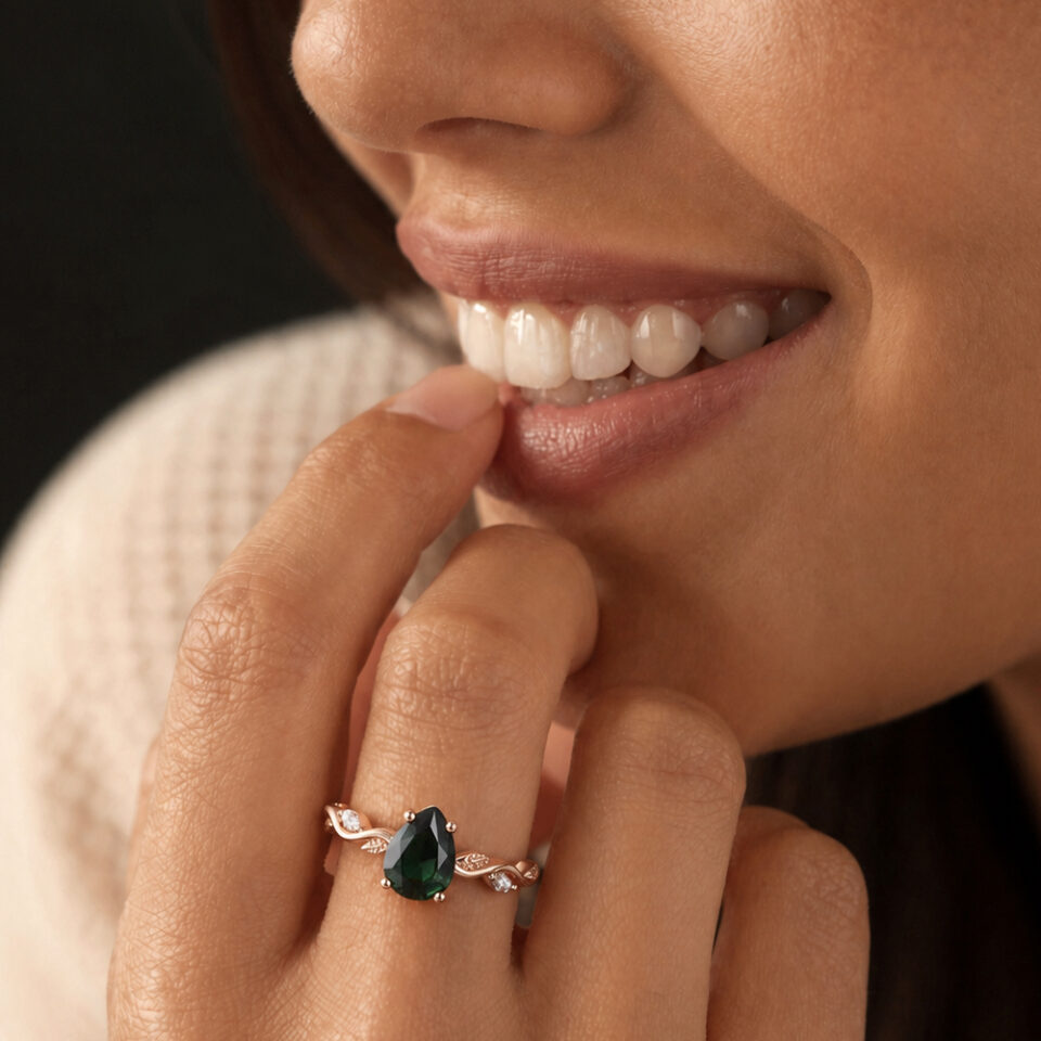 Leafwave Pear Cut Teal Sapphire Engagement Ring With Diamond Accents