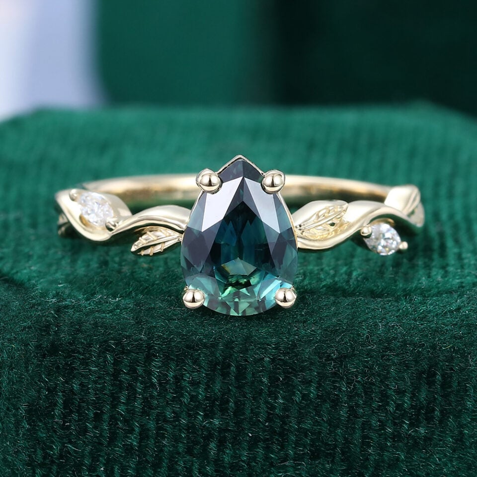 Leafwave Pear Cut Teal Sapphire Engagement Ring with Diamond Accents