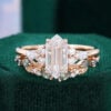 Long Hexagon Cut Moissanite Bridal Ring Set Nature Inspired Leaf Band
