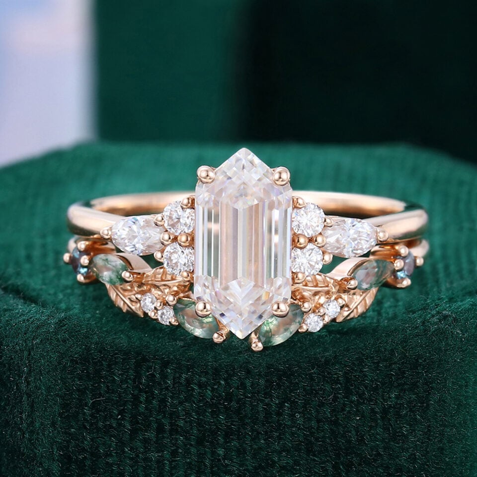Long Hexagon Cut Moissanite Bridal Ring Set Nature Inspired Leaf Band