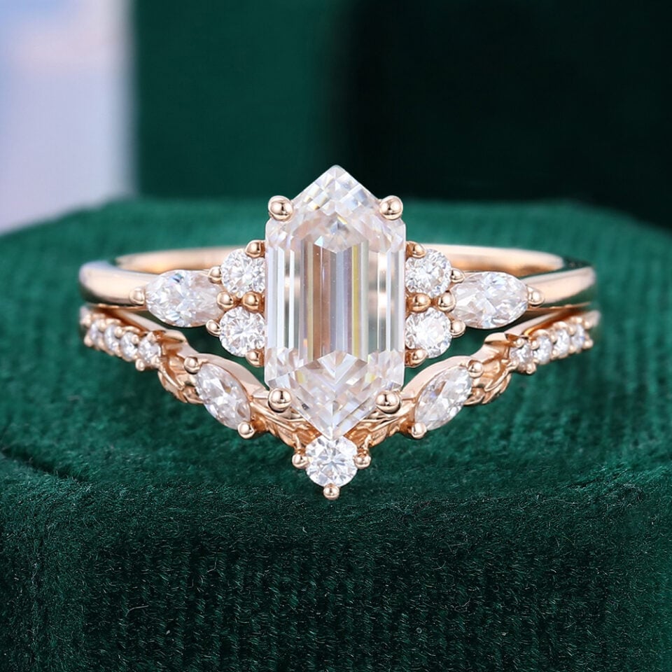 Long Hexagon Cut Moissanite Nature Themed Bridal Ring Set