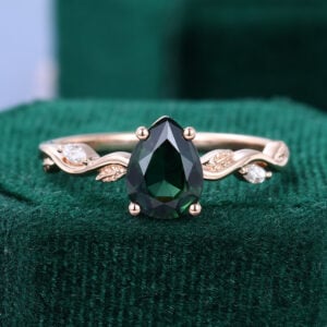 Pear Cut Green Sapphire Engagement Ring Alternating Leaf Band