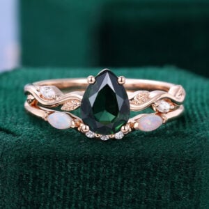 Nature Themed Pear Cut Green Sapphire Engagement Ring Set