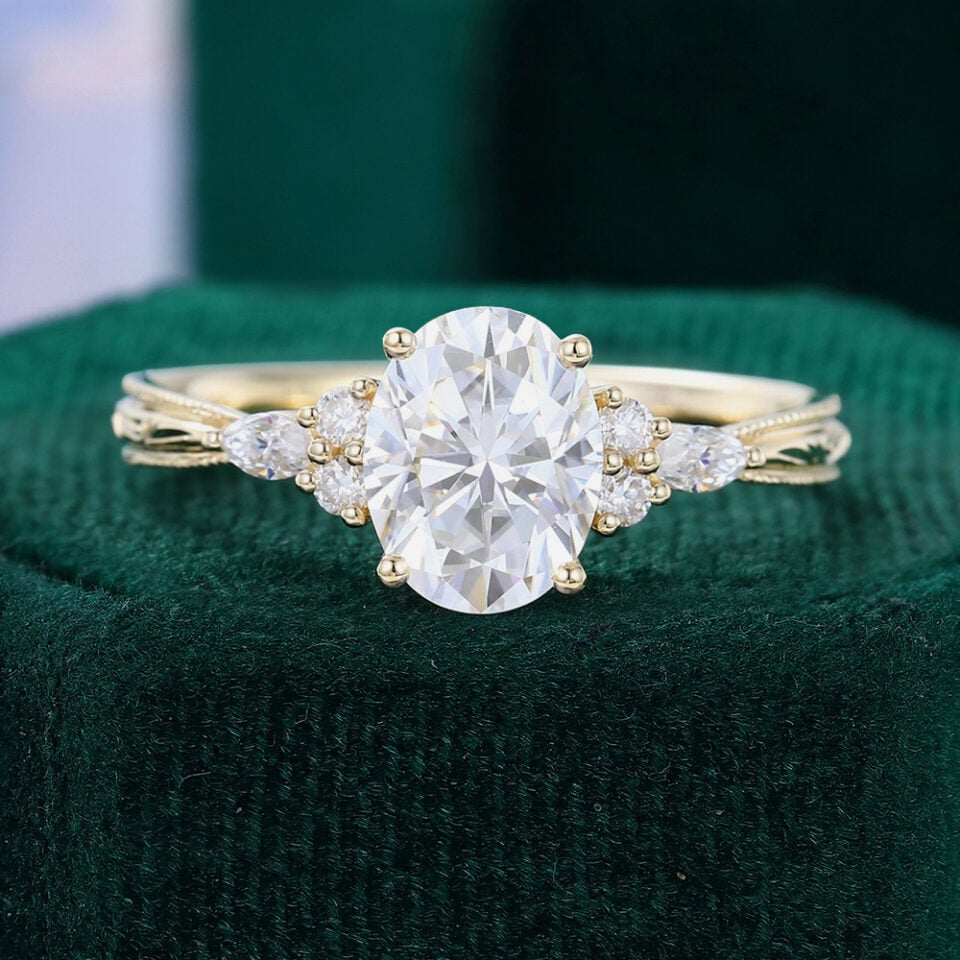 Oval Cut Moissanite Engagement Ring Embossed Band