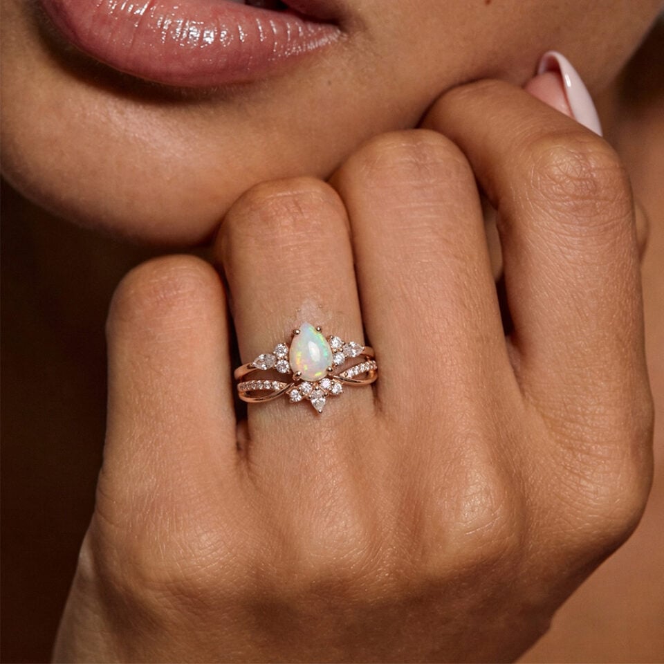 Pear cut natural opal engagement ring set crown bridal set