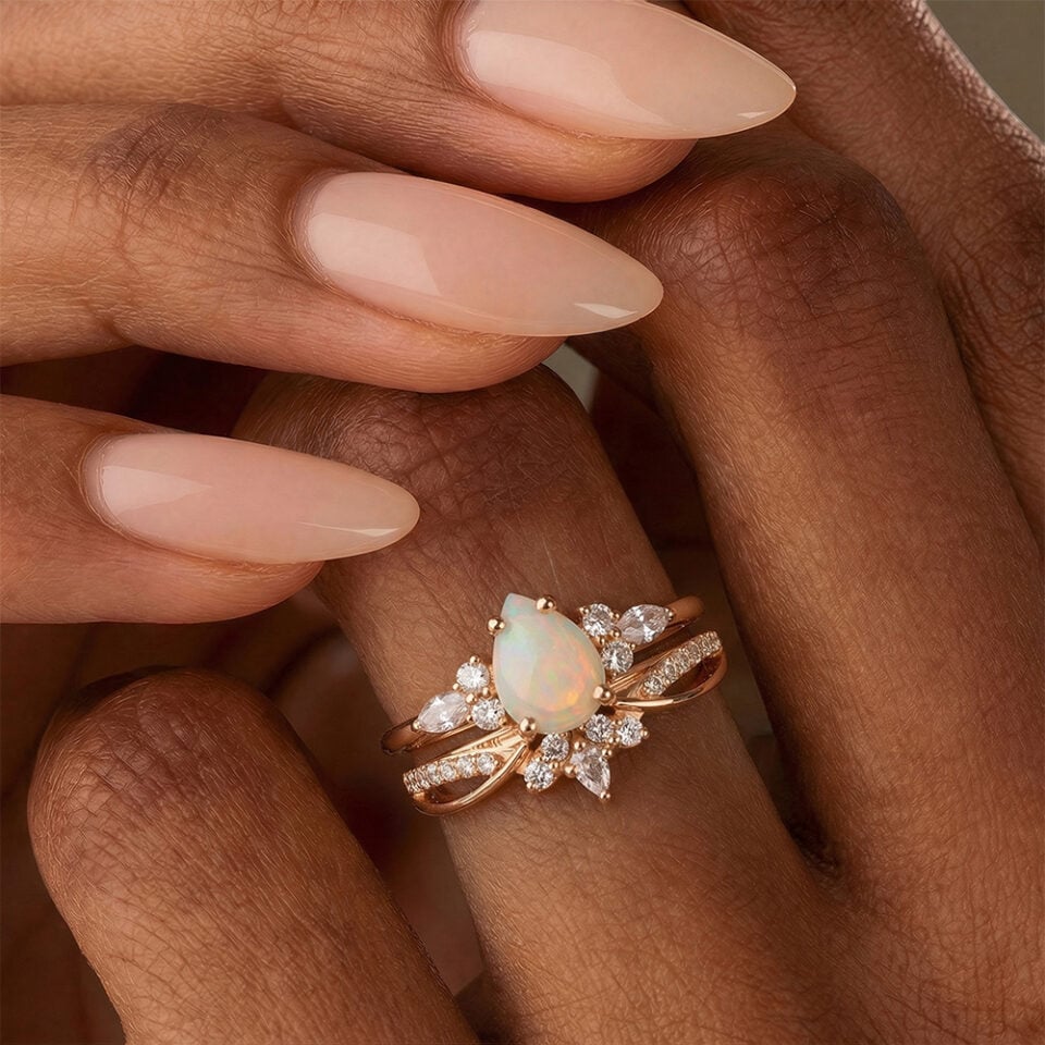 Pear Cut Natural Opal Engagement Ring Set Crown Bridal Set (2)