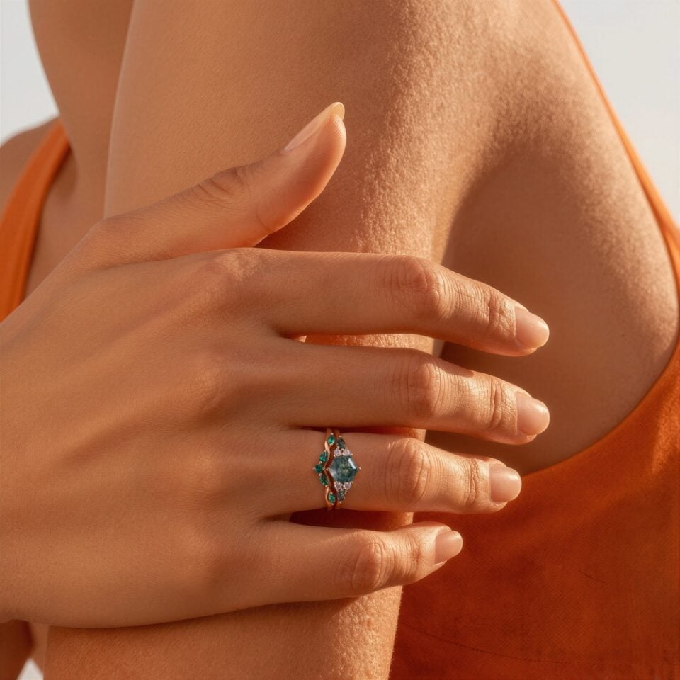 Rose Gold Hexagon Cut Moss Agate Engagement Ring Set Emerald Wedding Band Nature Inspired Bridal Set (2)