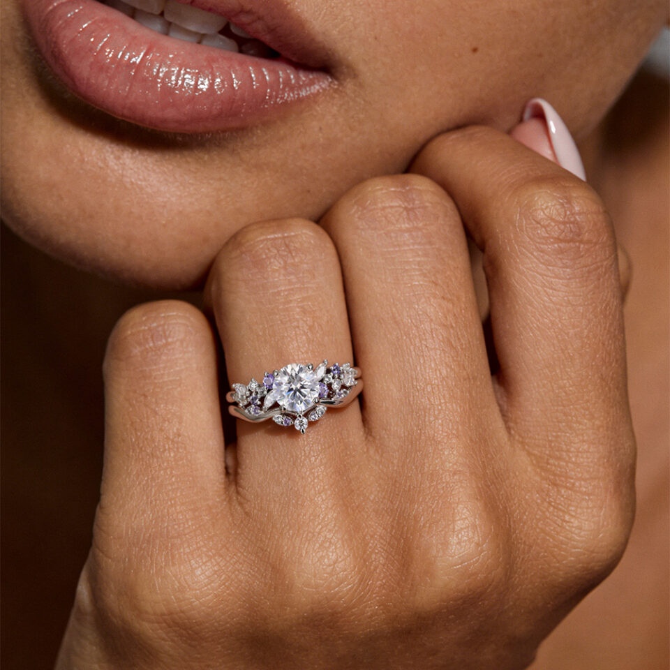 Round Cut Moissanite Unique Cluster Bridal Ring Set (3)