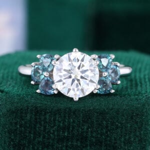 1.5CT Round Cut Moissanite Engagement Ring with Trillion Alexandrite Aceents