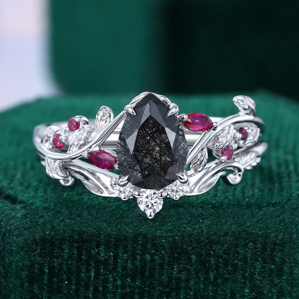 Pear Cut Black Rutilated Quartz Dark Themed Bridal Set