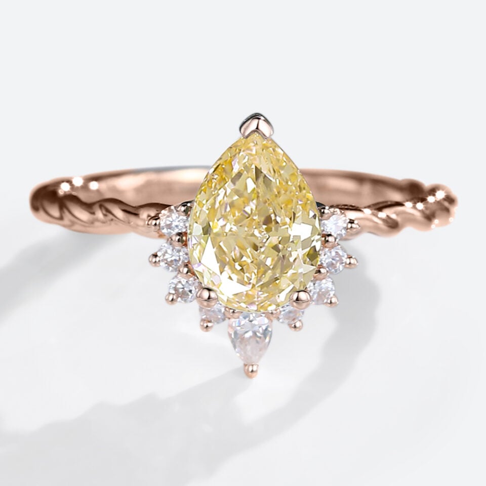 1.00CT Pear Lab Yellow Diamond Engagement Ring with Twisted Band
