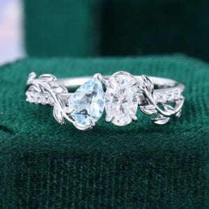 Aquamarine & Moissanite Two Stone Engagement Ring Leaf and Vine Toi et Moi Ring