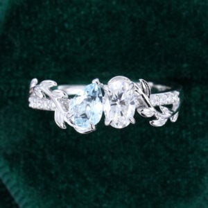 Aquamarine & Moissanite Two Stone Engagement Ring Leaf and Vine Toi et Moi Ring