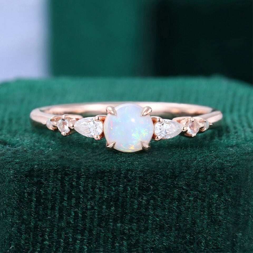 Asteria | Round Cut Natural Opal Dainty Engagement Ring with Trio Side Stones