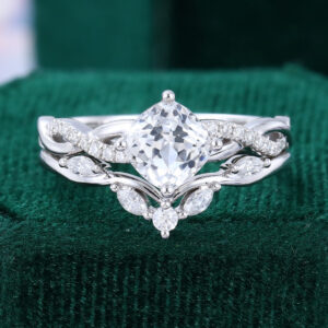 Cushion Cut White Sapphire Crossover Shank Wedding Ring Set