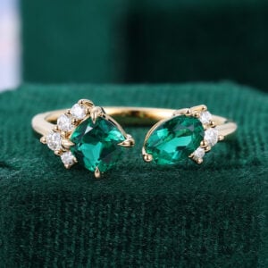 Cushion & Oval Cut Emerald Two Stone Engagement Ring Open Toi et Moi Ring