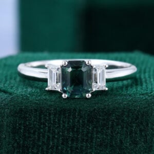 Emerald Cut Teal Sapphire Engagement Ring Three Stone Bridal Ring