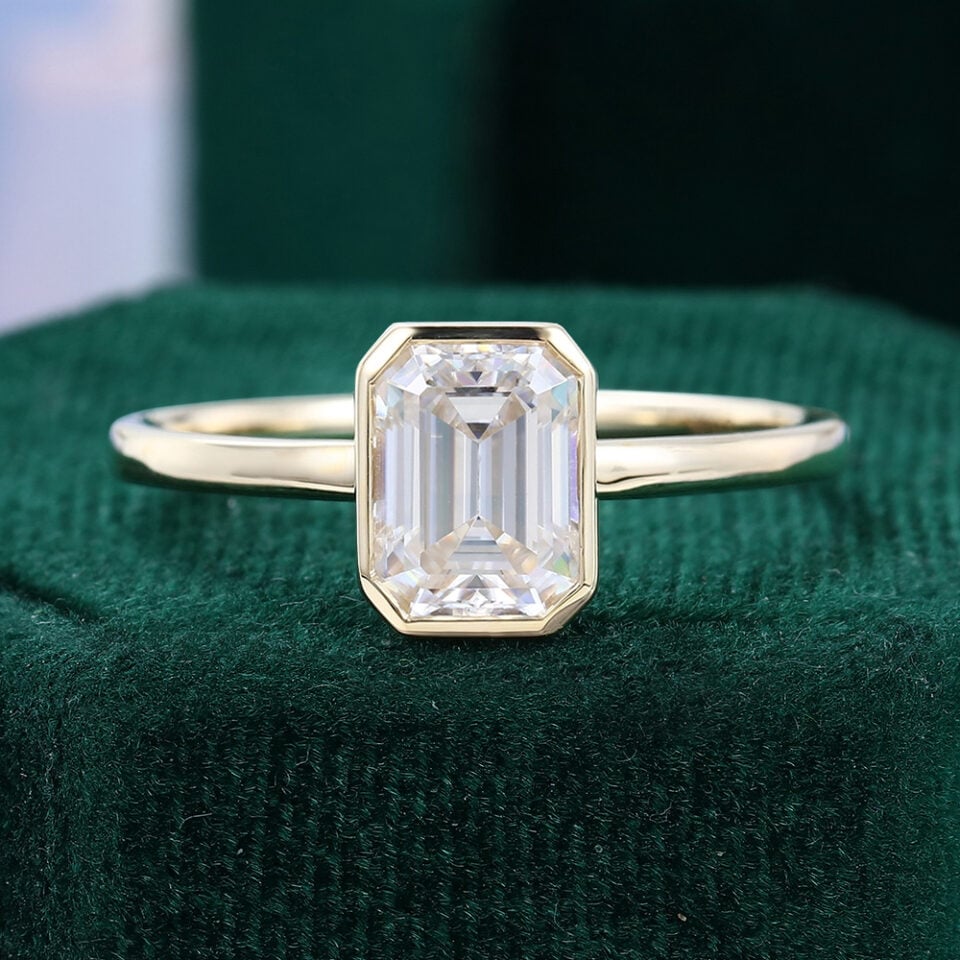 Emerald Cut Moissanite Bezel Solitaire Engagement Ring