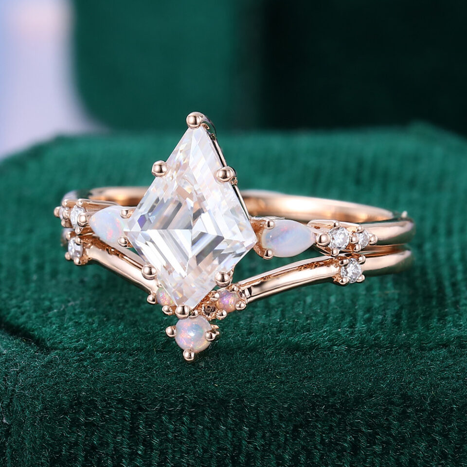 Kite Cut Moissanite Engagement Ring Set Opal Accented Bridal Ring Set (4)