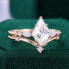 Kite Cut Moissanite Engagement Ring Set Opal Accented Bridal Ring Set (5)