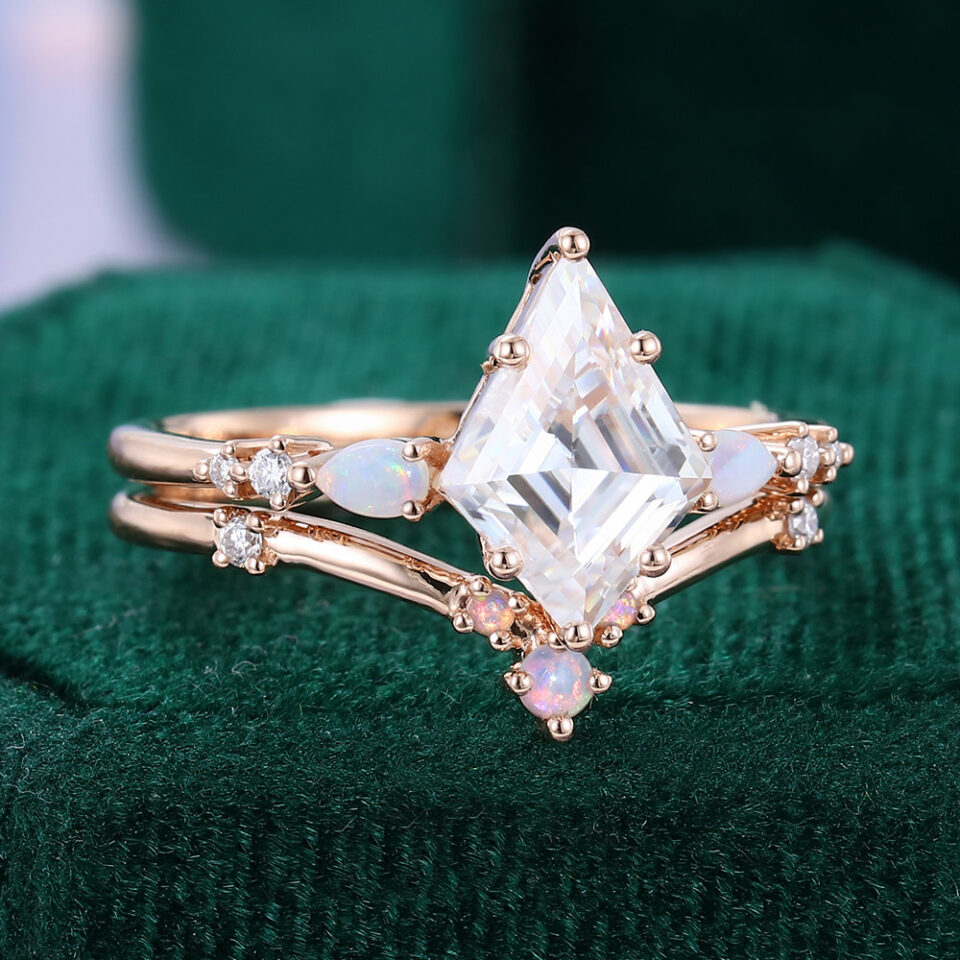 Kite Cut Moissanite Engagement Ring Set Opal Accented Bridal Ring Set (5)