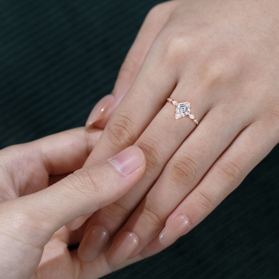 Kite Cut Moissanite Engagement Ring with Pear Shaped Opal Accented (2)