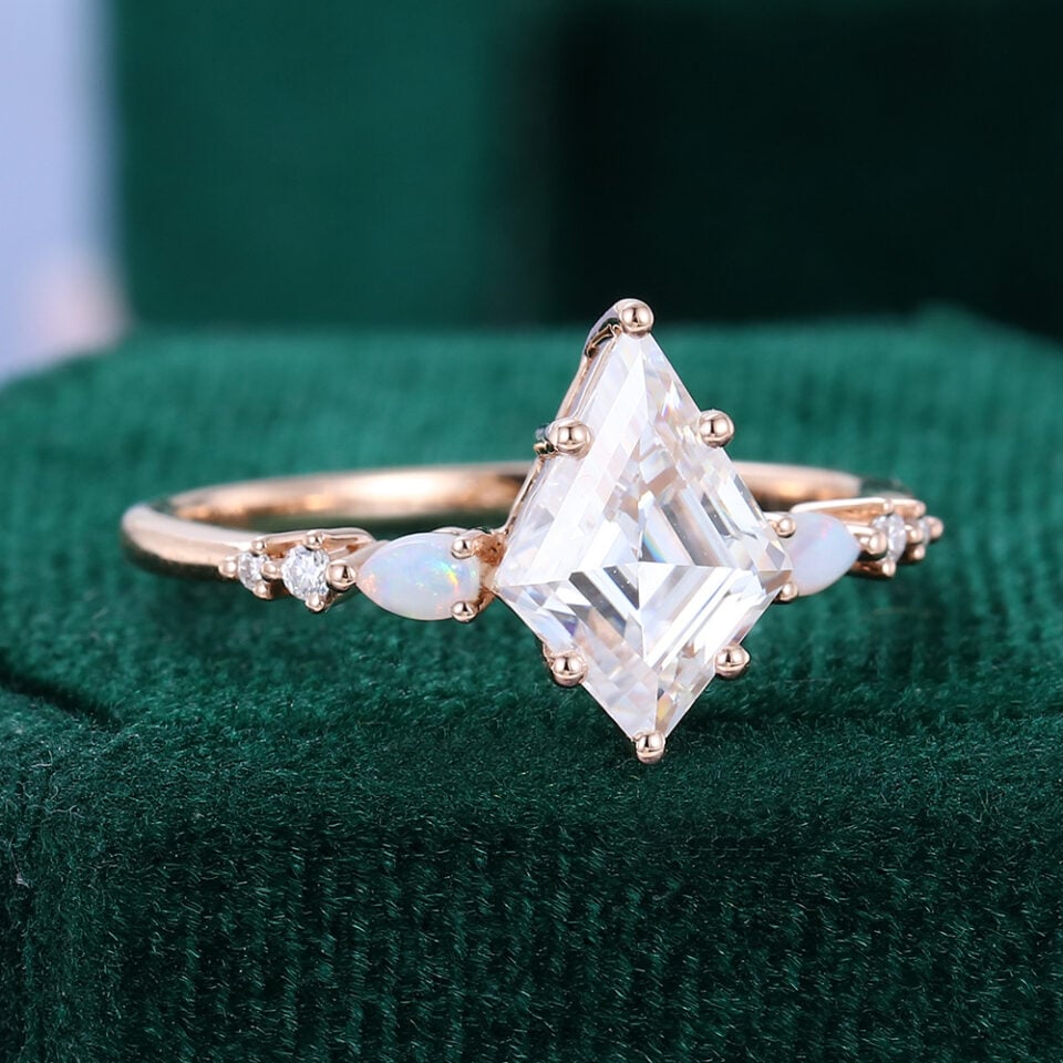 Kite Cut Moissanite Engagement Ring with Pear Shaped Opal Accented (3)