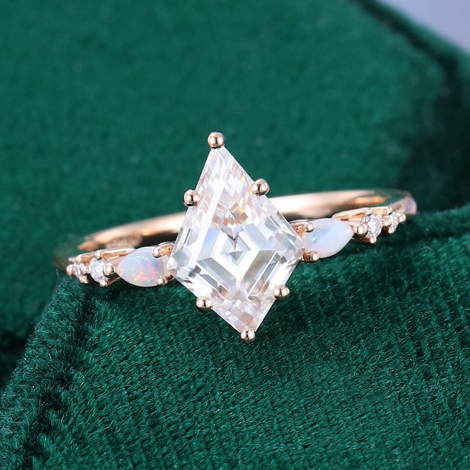 Kite Cut Moissanite Engagement Ring with Pear Shaped Opal Accented (4)