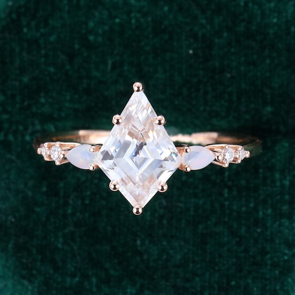 Kite Cut Moissanite Engagement Ring with Pear Shaped Opal Accented (5)