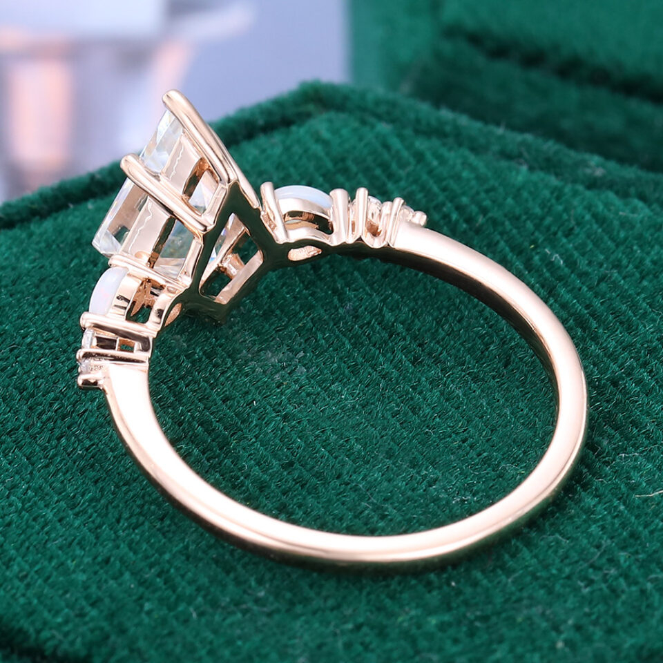 Kite Cut Moissanite Engagement Ring with Pear Shaped Opal Accented (6)