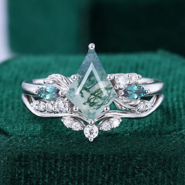 Kite Cut Moss Agate Engagement Ring Cluster Bridal Ring Set