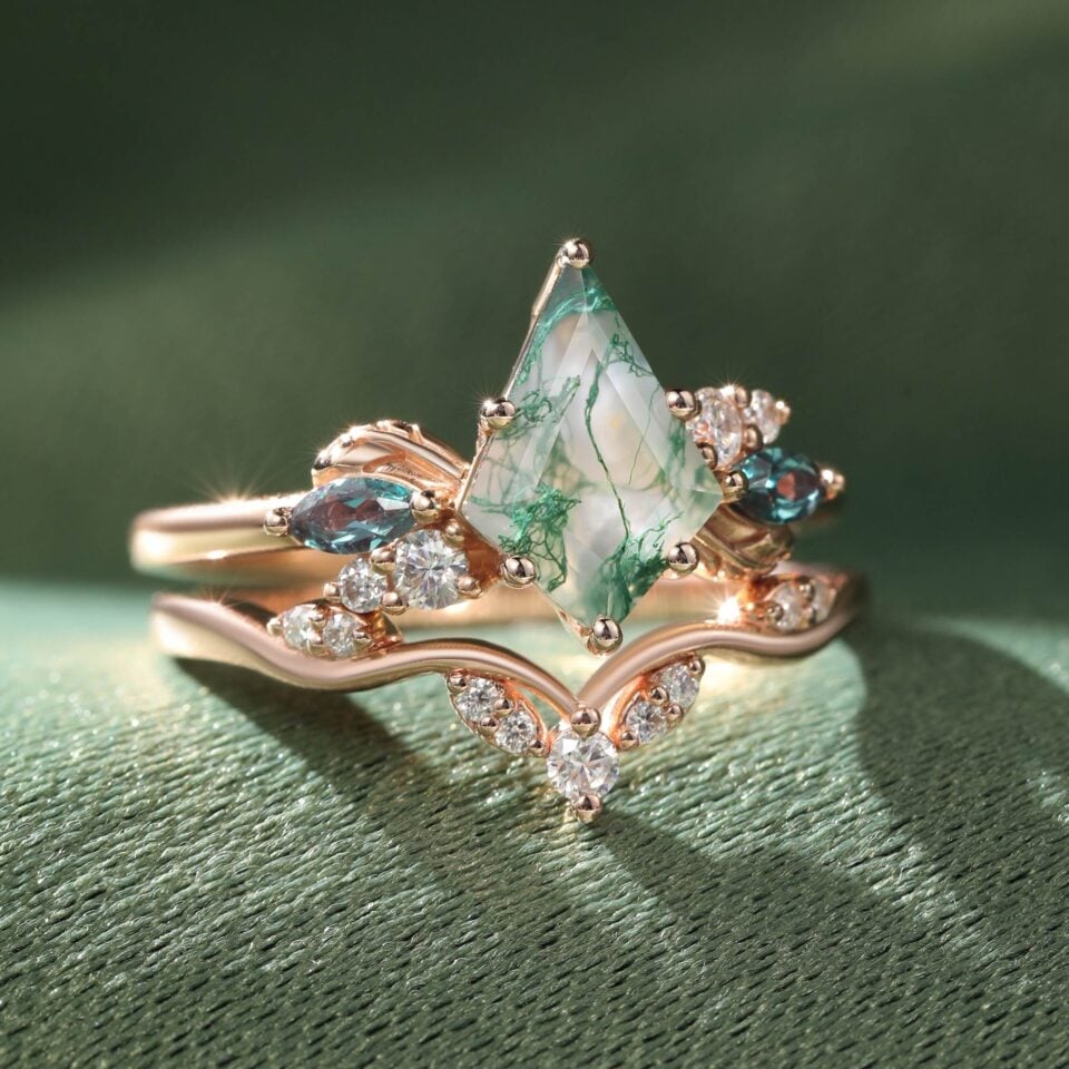 Kite Cut Moss Agate Engagement Ring Cluster Bridal Ring Set (1)