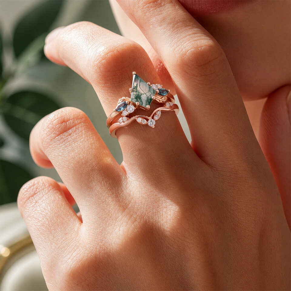 Kite Cut Moss Agate Engagement Ring Cluster Bridal Ring Set (2)