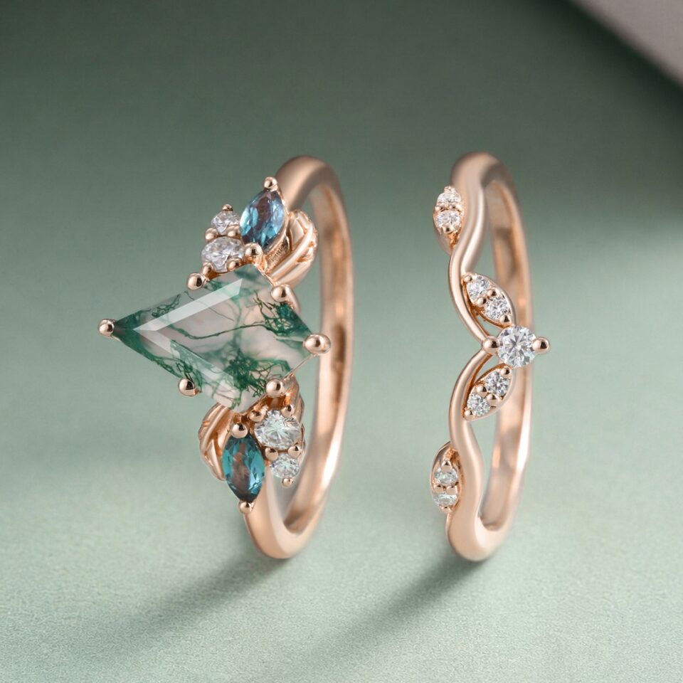 Kite Cut Moss Agate Engagement Ring Cluster Bridal Ring Set (3)