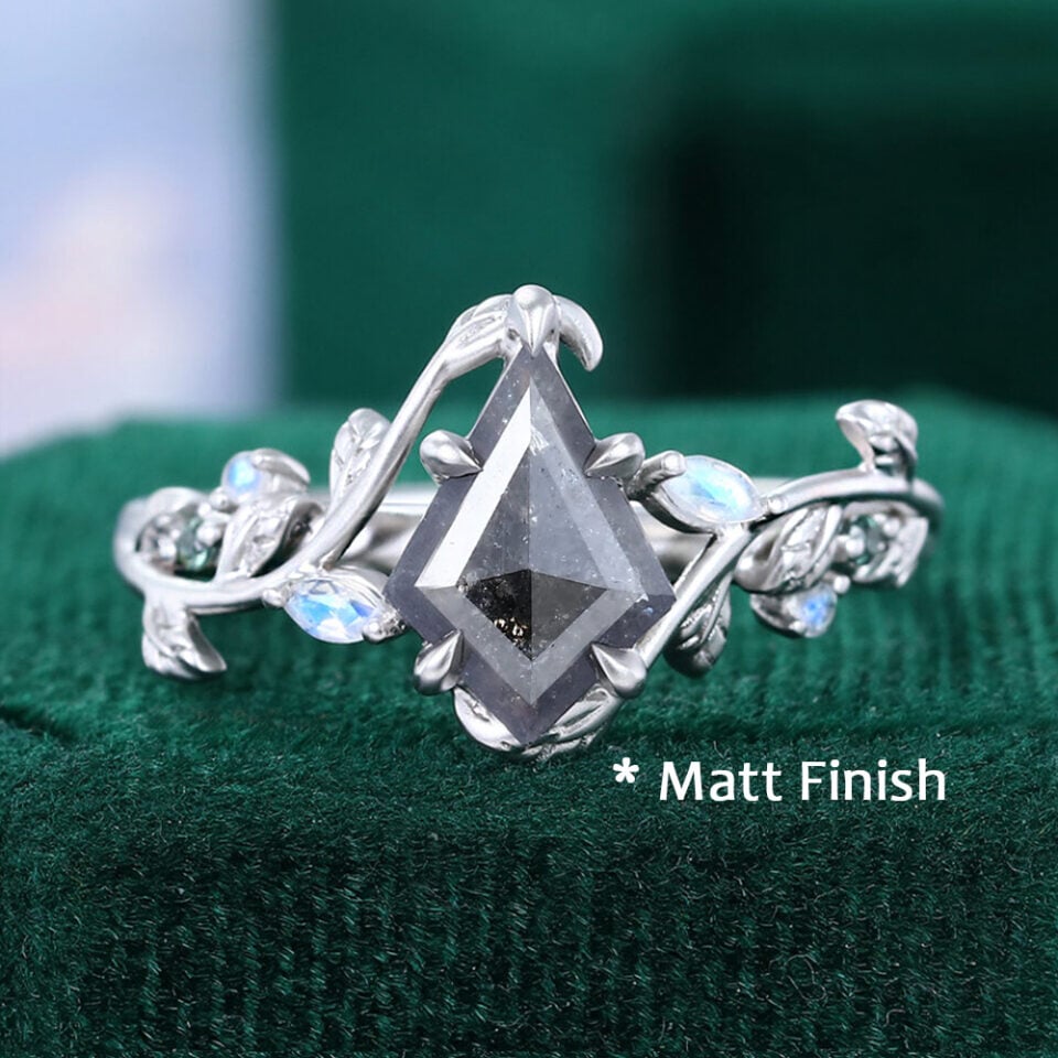 LeafLace Kite Cut Salt & Pepper Diamond Nature Inspired Engagement Ring - matt finish