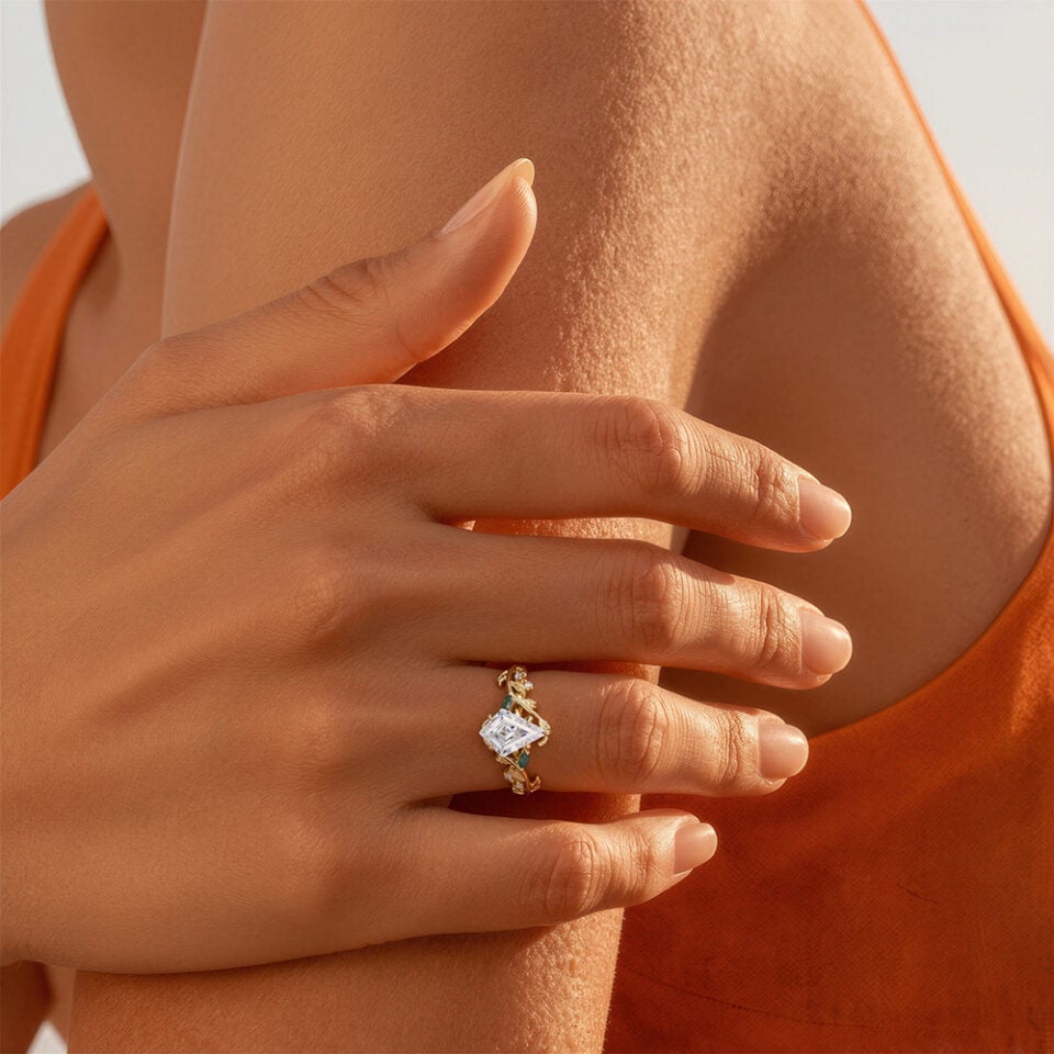 LeafLace Nature Inspired Kite Cut Moissanite Engagement Ring (1)