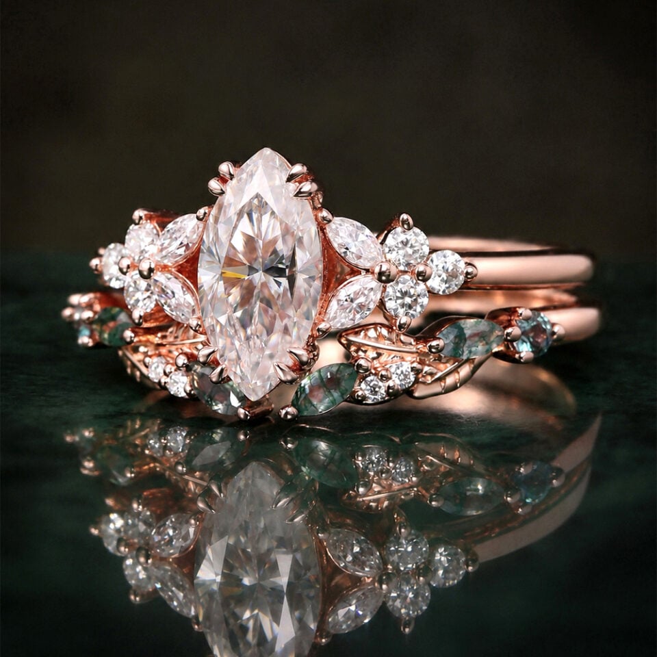 Nature Inspired Marquise Moissanite Bridal Ring Set Blossom Cluster Engagement Ring Set (1)