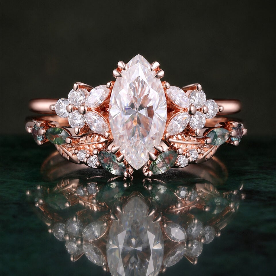 Nature Inspired Marquise Moissanite Bridal Ring Set Blossom Cluster Engagement Ring Set (2)