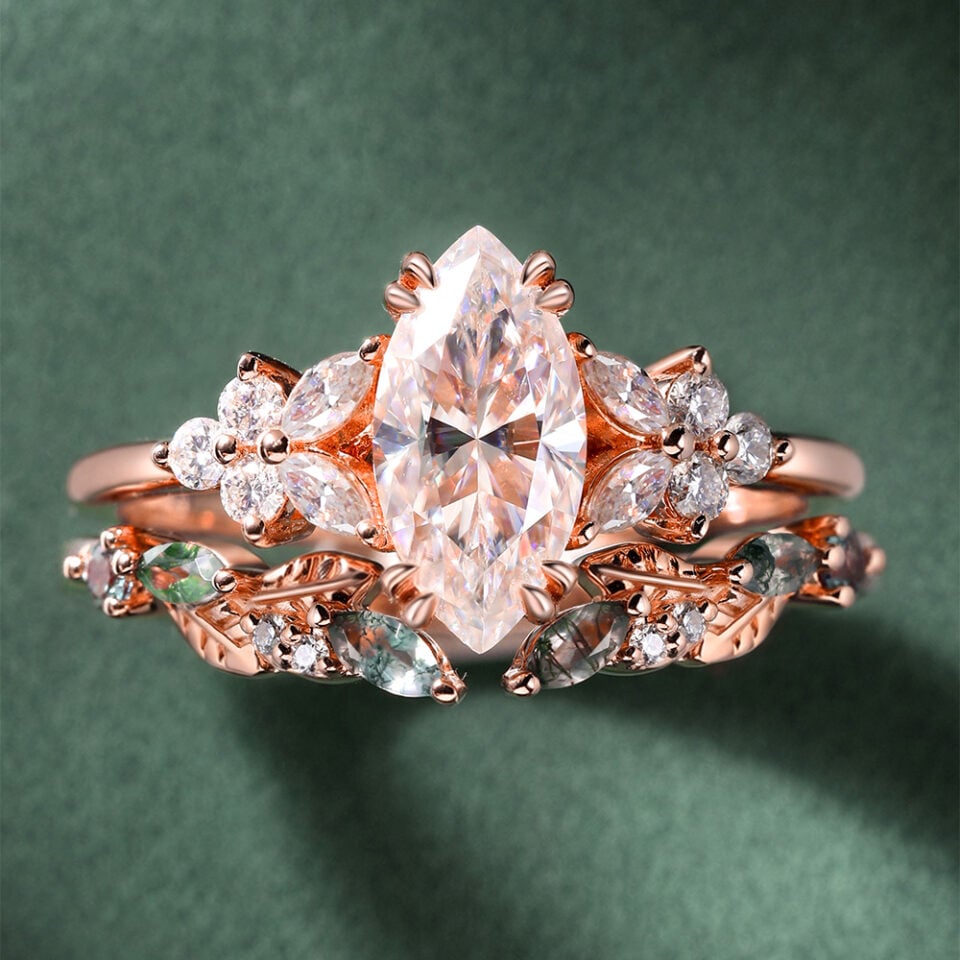 Nature Inspired Marquise Moissanite Bridal Ring Set Blossom Cluster Engagement Ring Set (3)