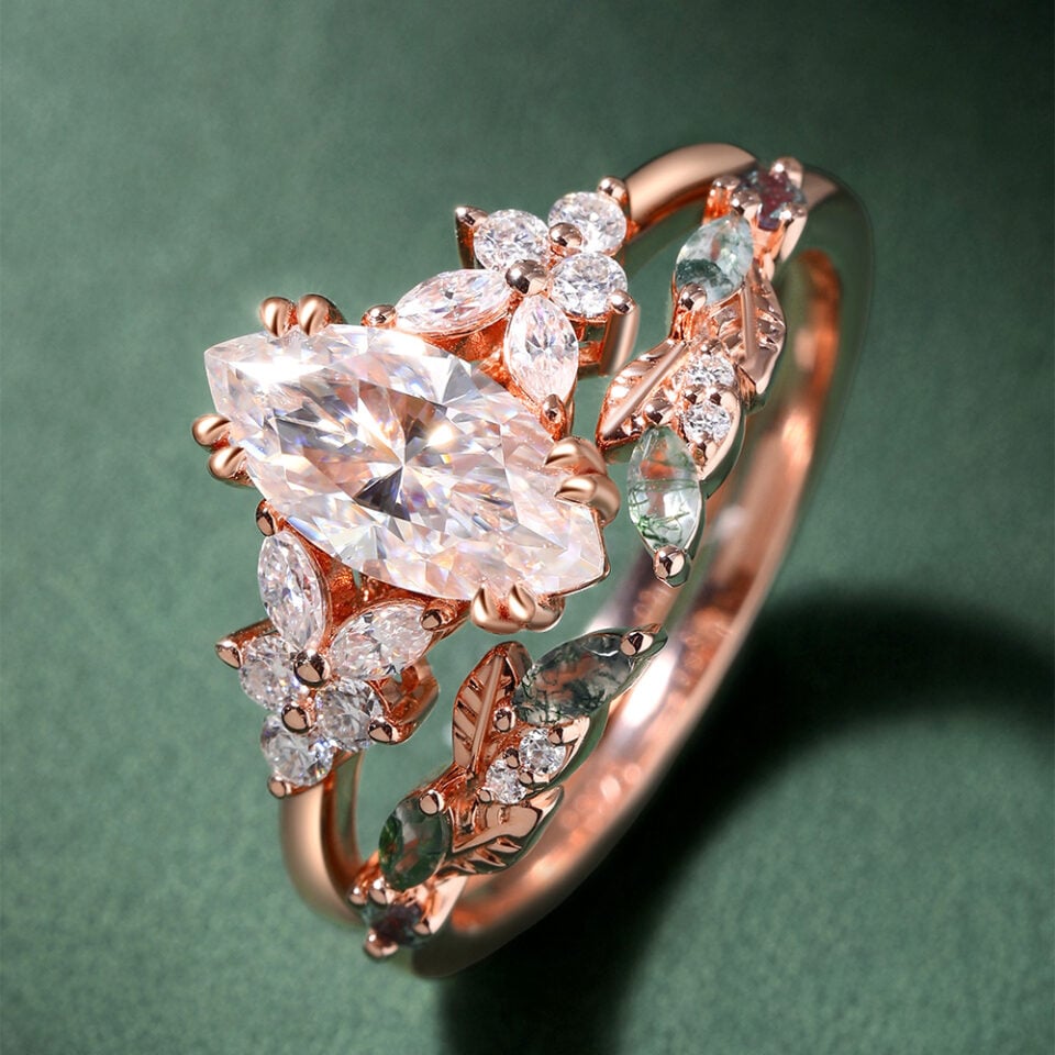 Nature Inspired Marquise Moissanite Bridal Ring Set Blossom Cluster Engagement Ring Set (4)