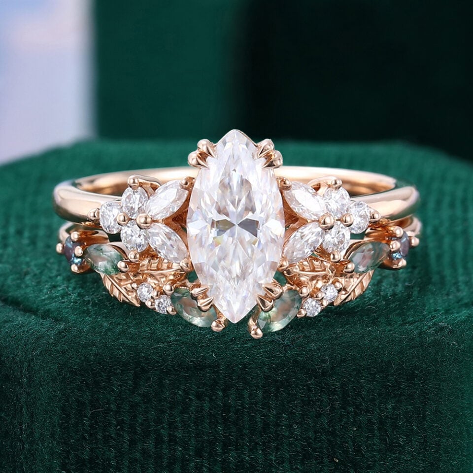 Nature Inspired Marquise Moissanite Bridal Ring Set Blossom Cluster Engagement Ring Set
