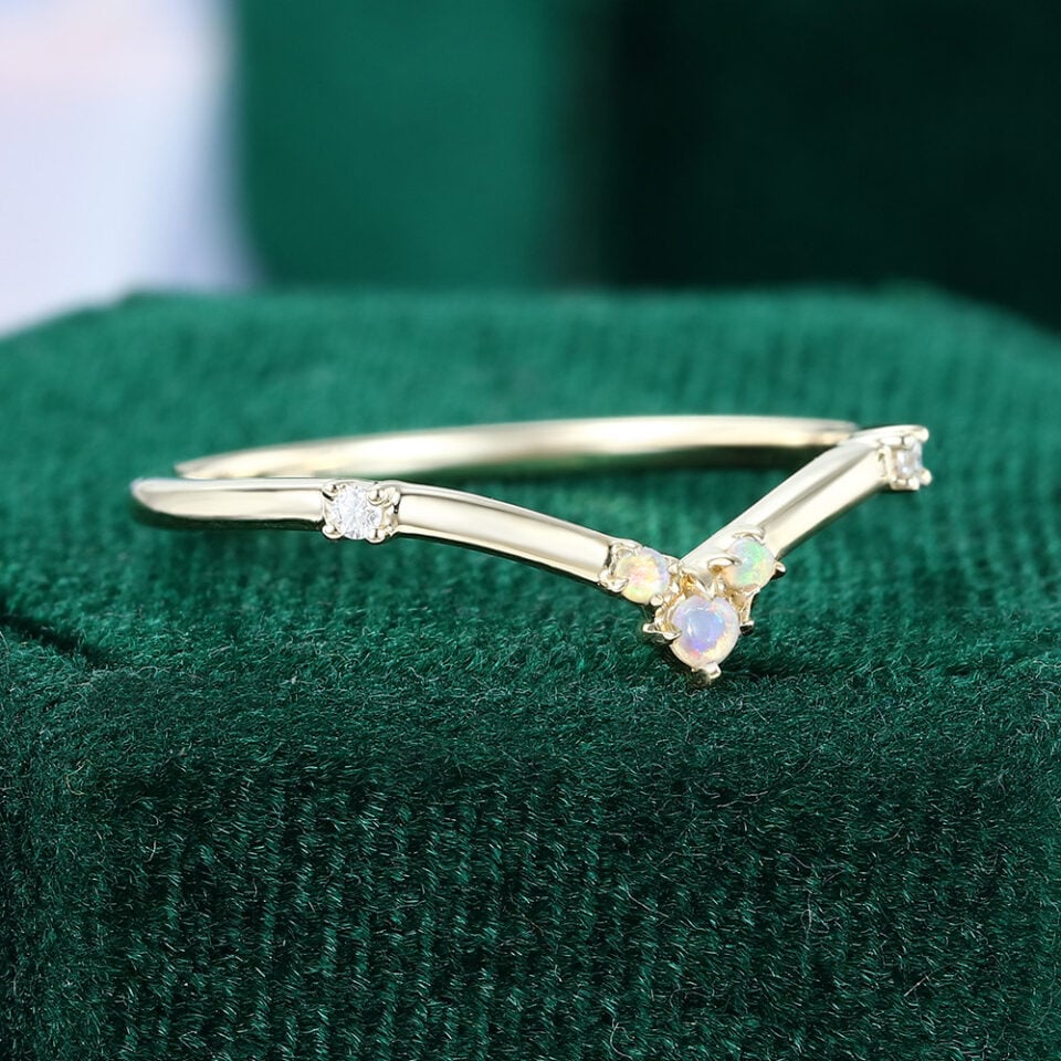Opal & Diamond Pointed Curve Wedding Band Staking Ring For Women (2)