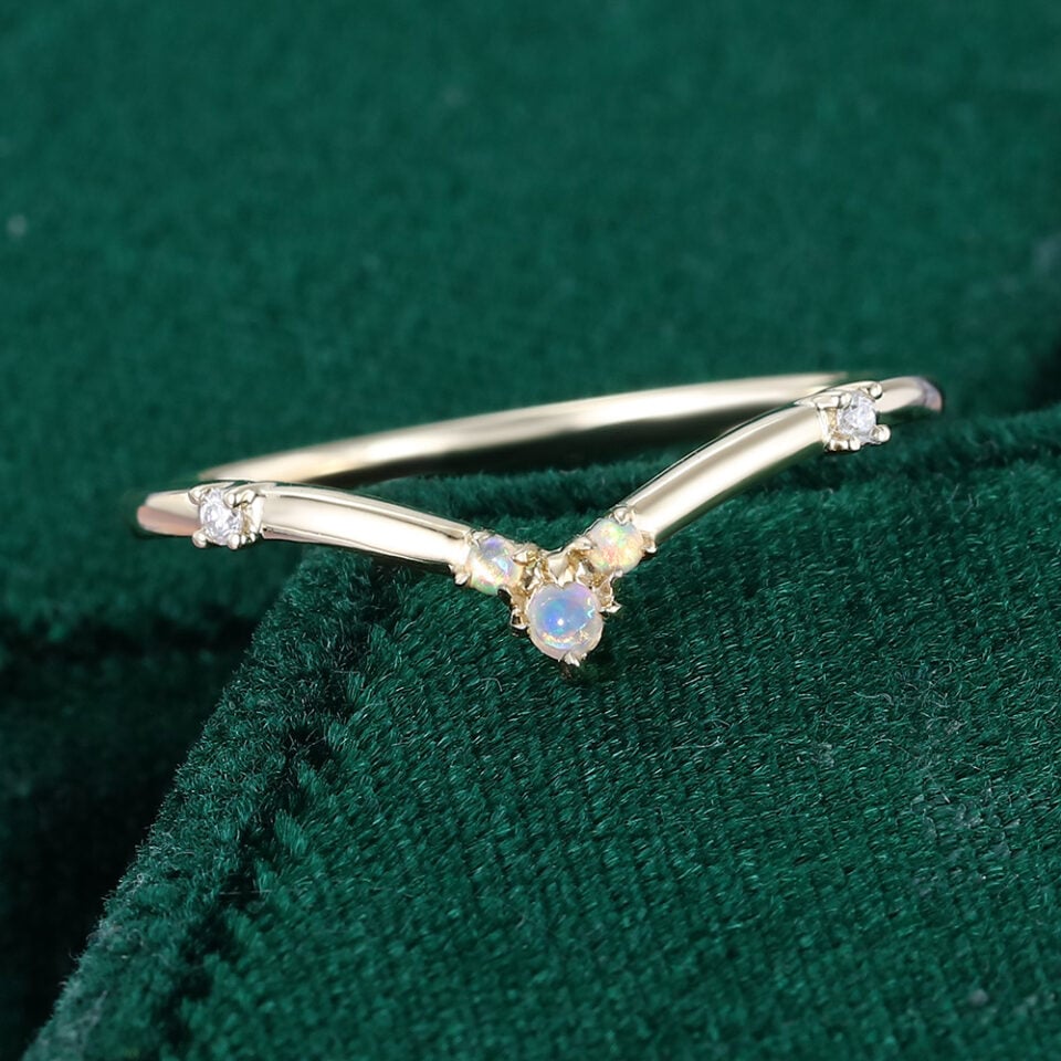Opal & Diamond Pointed Curve Wedding Band Staking Ring For Women (3)