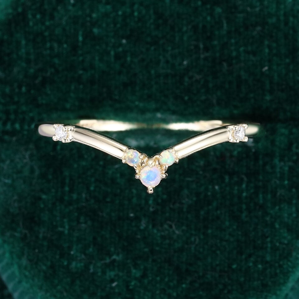 Opal & Diamond Pointed Curve Wedding Band Staking Ring For Women (5)