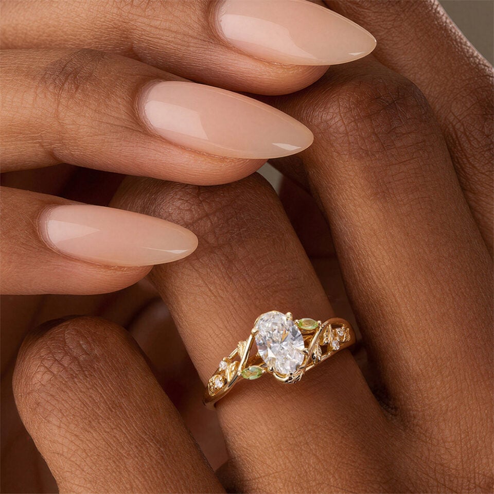 Oval Cut Lab Diamond Engagement Ring Branch Inspired Leafy Ring (2)