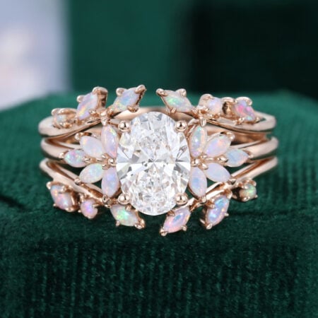 Oval Cut Lab Diamond Petal Bridal Ring Set Marquise Opal Accented