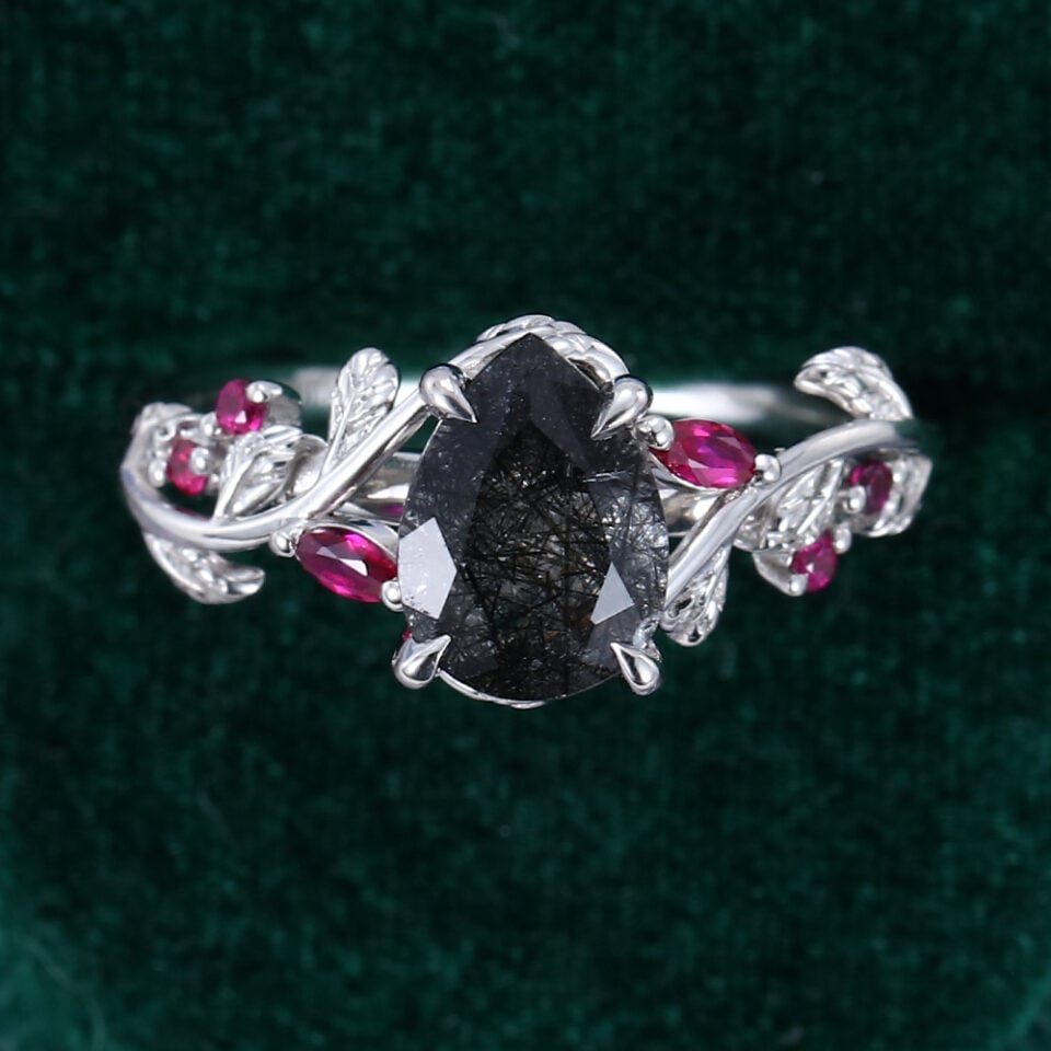 Pear Cut Black Rutilated Quartz Ring With Ruby Accents (11)