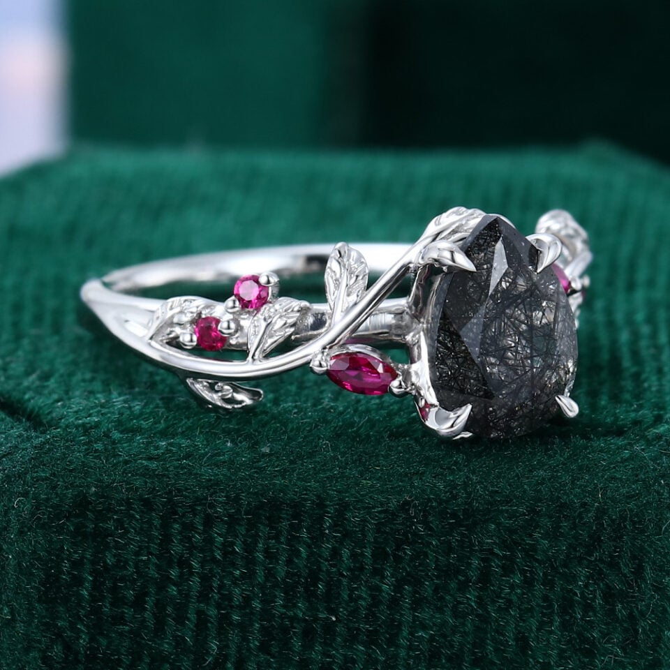 Pear Cut Black Rutilated Quartz Ring With Ruby Accents (7)