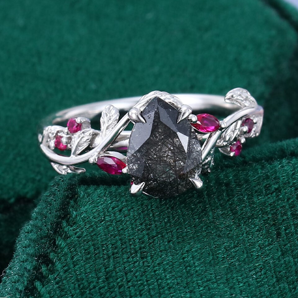 Pear Cut Black Rutilated Quartz Ring With Ruby Accents (8)